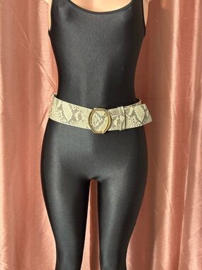 Vince Camuto Neutral Snake-Print Belt with Gold Buckle